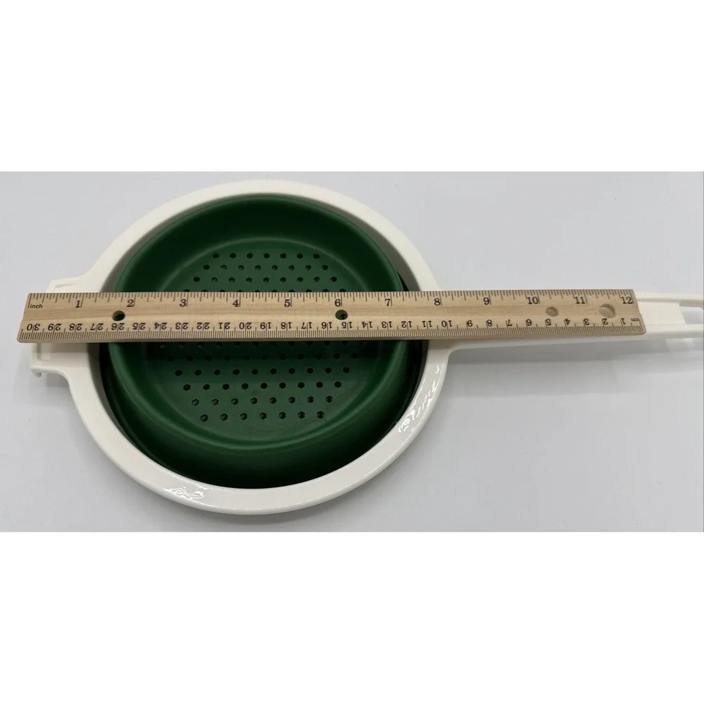 Vtg Farberware Colander Strainer Collapsible‎ White Green Pot Hook Long Handle